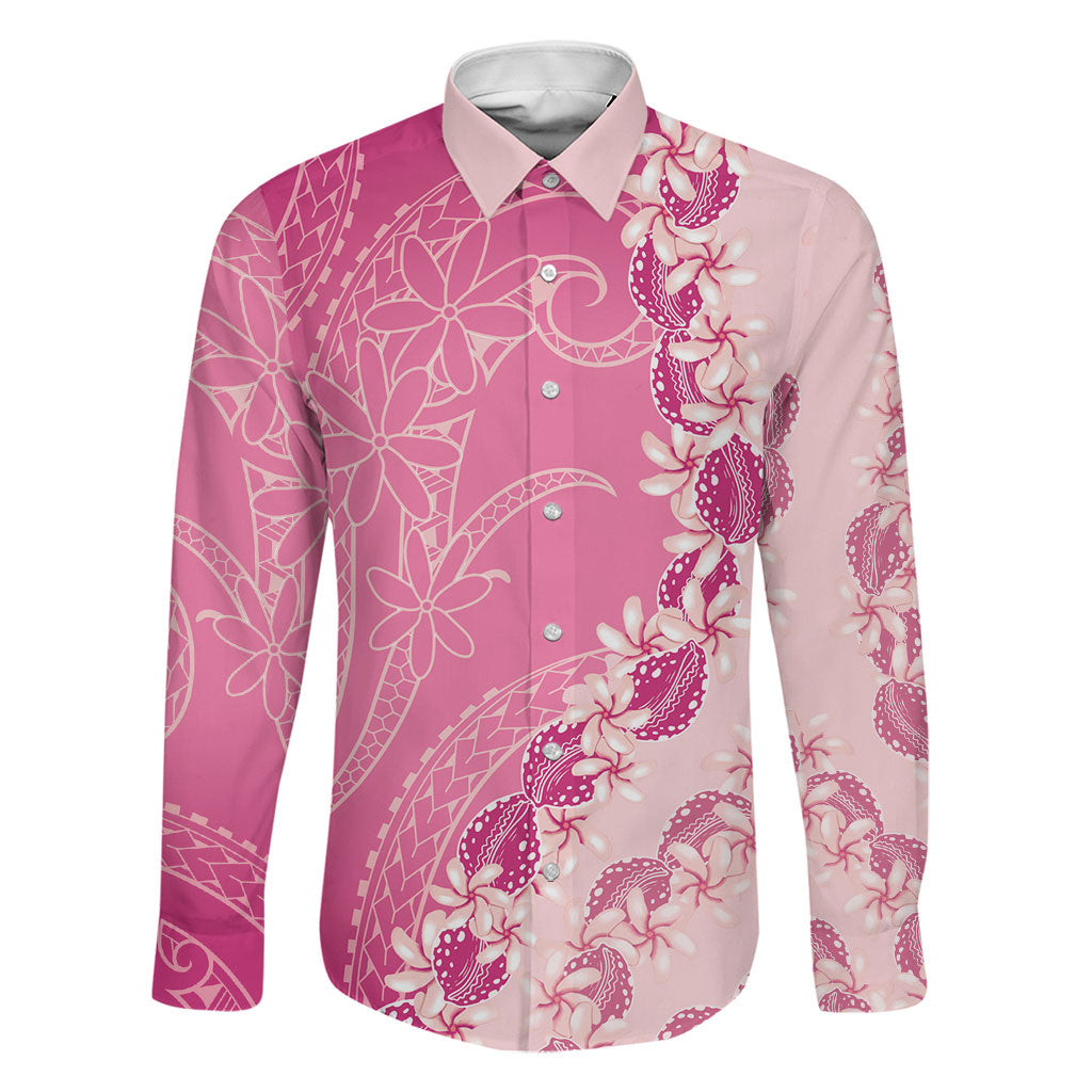 Heiva i Tahiti Family Matching Off Shoulder Maxi Dress and Hawaiian Shirt Tahitian Tiare Maori Cowrie Lei Pink LT14 Dad's Shirt - Long Sleeve Pink - Polynesian Pride