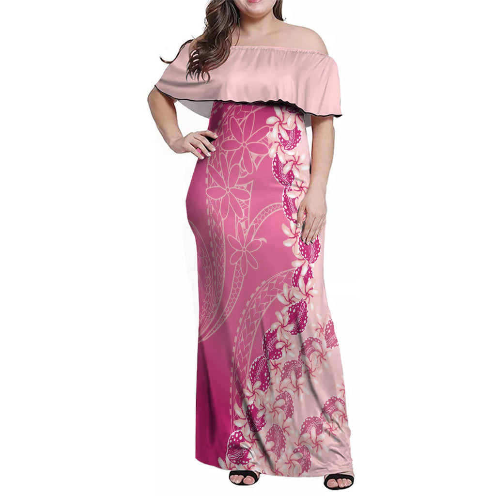 Heiva i Tahiti Family Matching Off Shoulder Maxi Dress and Hawaiian Shirt Tahitian Tiare Maori Cowrie Lei Pink LT14 Mom's Dress Pink - Polynesian Pride