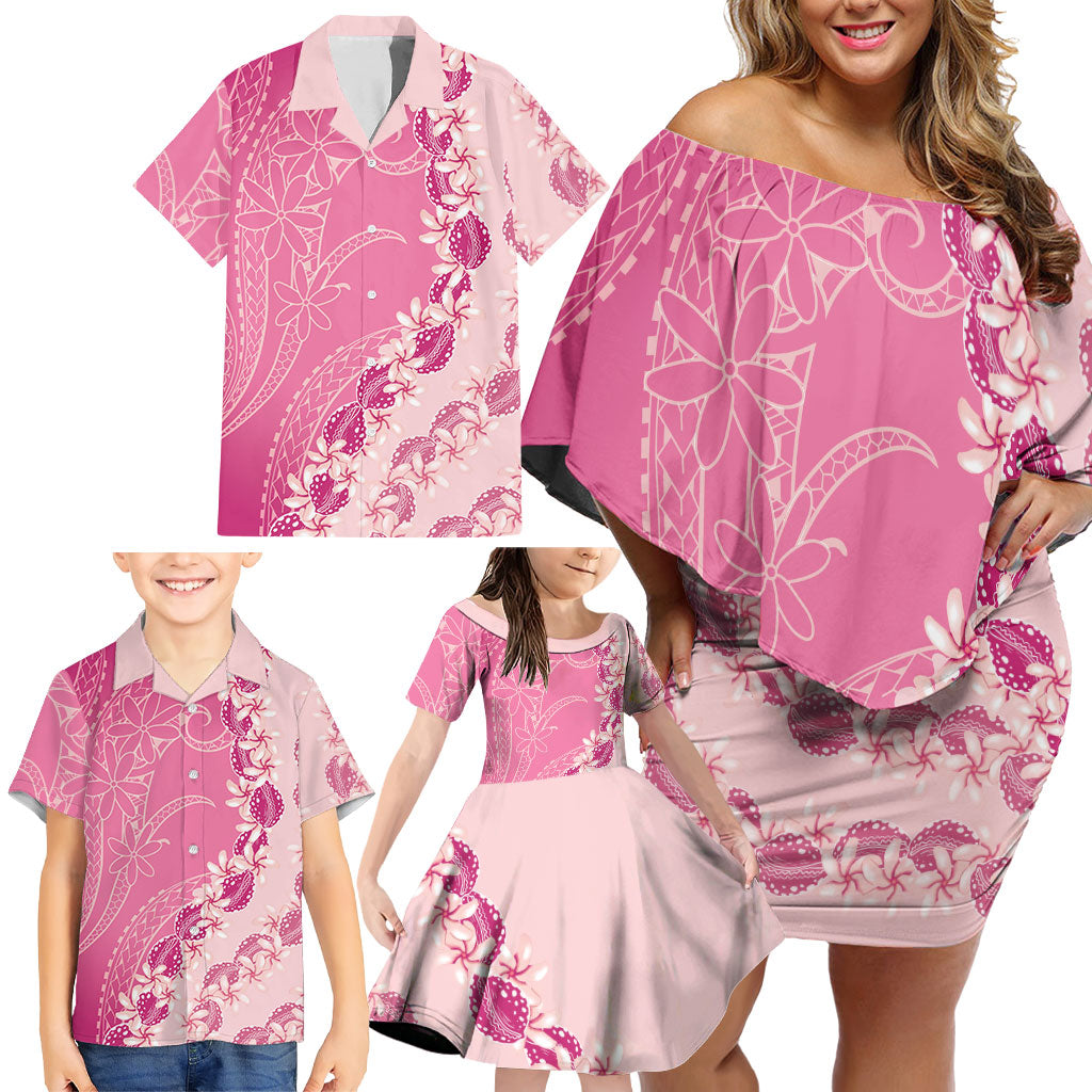 Heiva i Tahiti Family Matching Off Shoulder Short Dress and Hawaiian Shirt Tahitian Tiare Maori Cowrie Lei Pink LT14 - Polynesian Pride