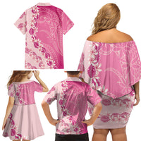 Heiva i Tahiti Family Matching Off Shoulder Short Dress and Hawaiian Shirt Tahitian Tiare Maori Cowrie Lei Pink LT14 - Polynesian Pride