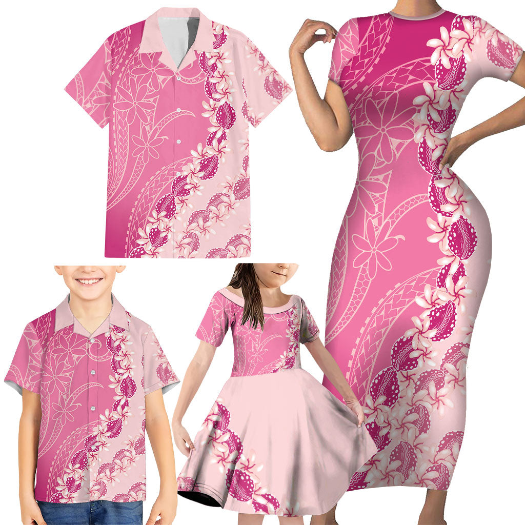 Heiva i Tahiti Family Matching Short Sleeve Bodycon Dress and Hawaiian Shirt Tahitian Tiare Maori Cowrie Lei Pink LT14 - Polynesian Pride
