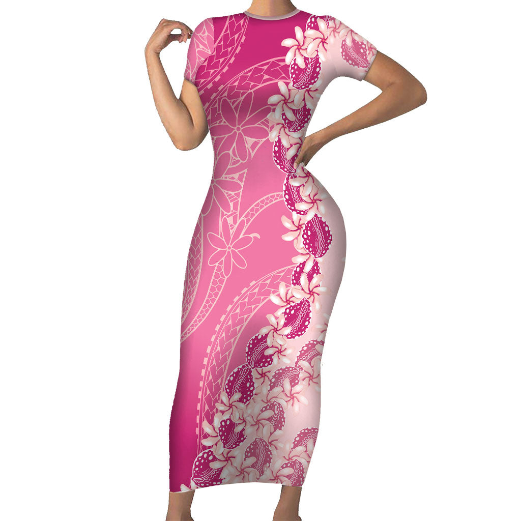 Heiva i Tahiti Family Matching Short Sleeve Bodycon Dress and Hawaiian Shirt Tahitian Tiare Maori Cowrie Lei Pink LT14 Mom's Dress Pink - Polynesian Pride