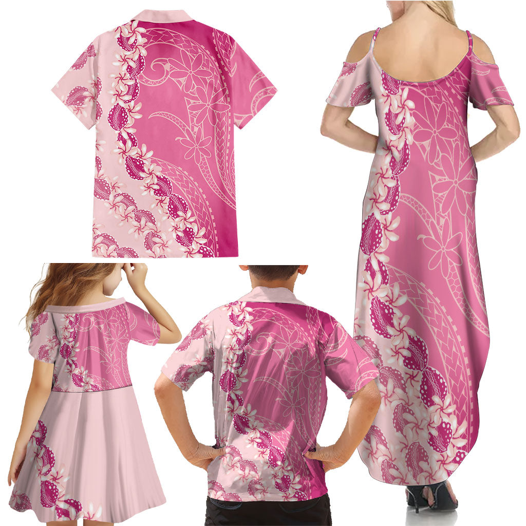 Heiva i Tahiti Family Matching Summer Maxi Dress and Hawaiian Shirt Tahitian Tiare Maori Cowrie Lei Pink