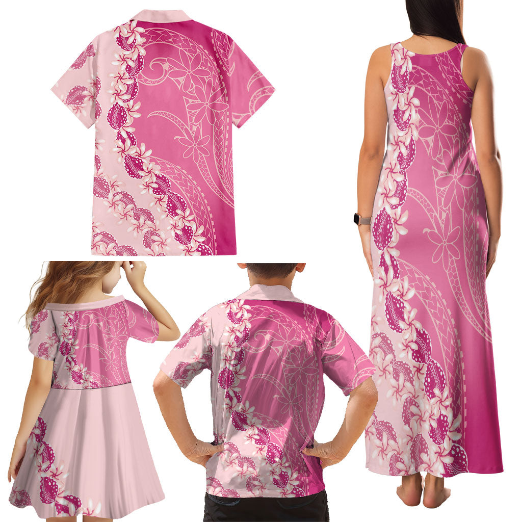 Heiva i Tahiti Family Matching Tank Maxi Dress and Hawaiian Shirt Tahitian Tiare Maori Cowrie Lei Pink