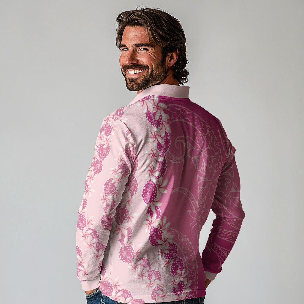 Heiva i Tahiti Long Sleeve Polo Shirt Tahitian Tiare Maori Cowrie Lei Pink