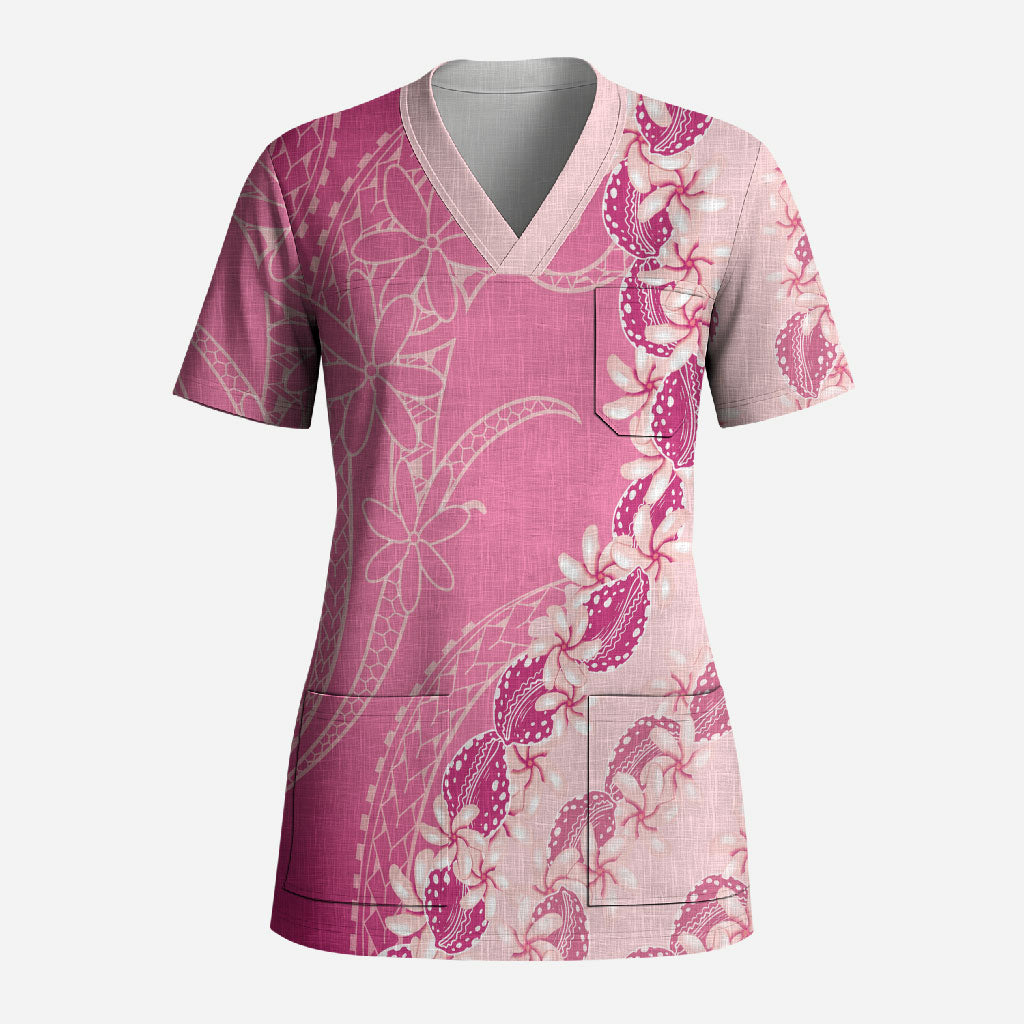 Heiva i Tahiti Scrub Top Tahitian Tiare Maori Cowrie Lei Pink