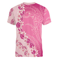 Heiva i Tahiti Women V-Neck T-Shirt Tahitian Tiare Maori Cowrie Lei Pink