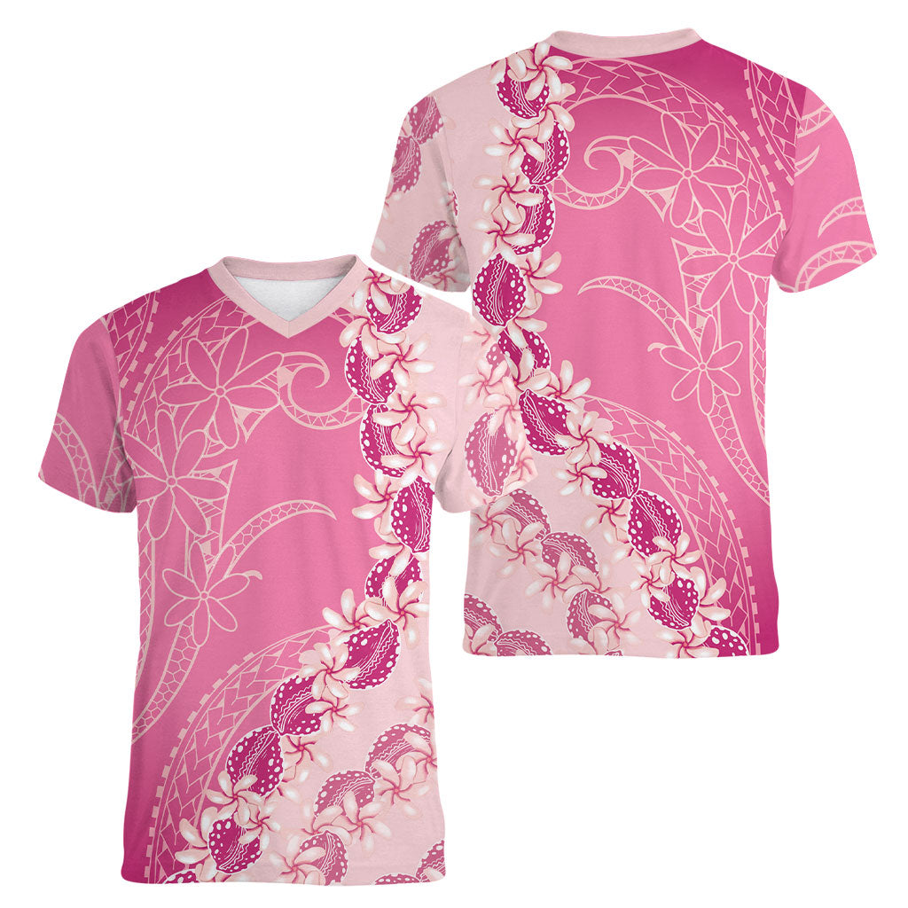 Heiva i Tahiti Women V-Neck T-Shirt Tahitian Tiare Maori Cowrie Lei Pink
