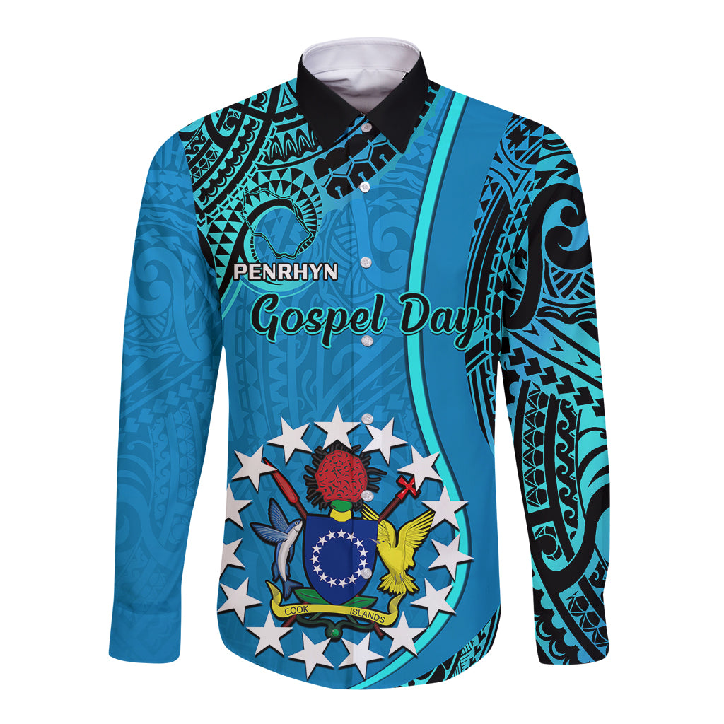 13 March Penrhyn Island Gospel Day Long Sleeve Button Shirt Cook Islands Tribal Pattern LT14 Unisex Blue - Polynesian Pride
