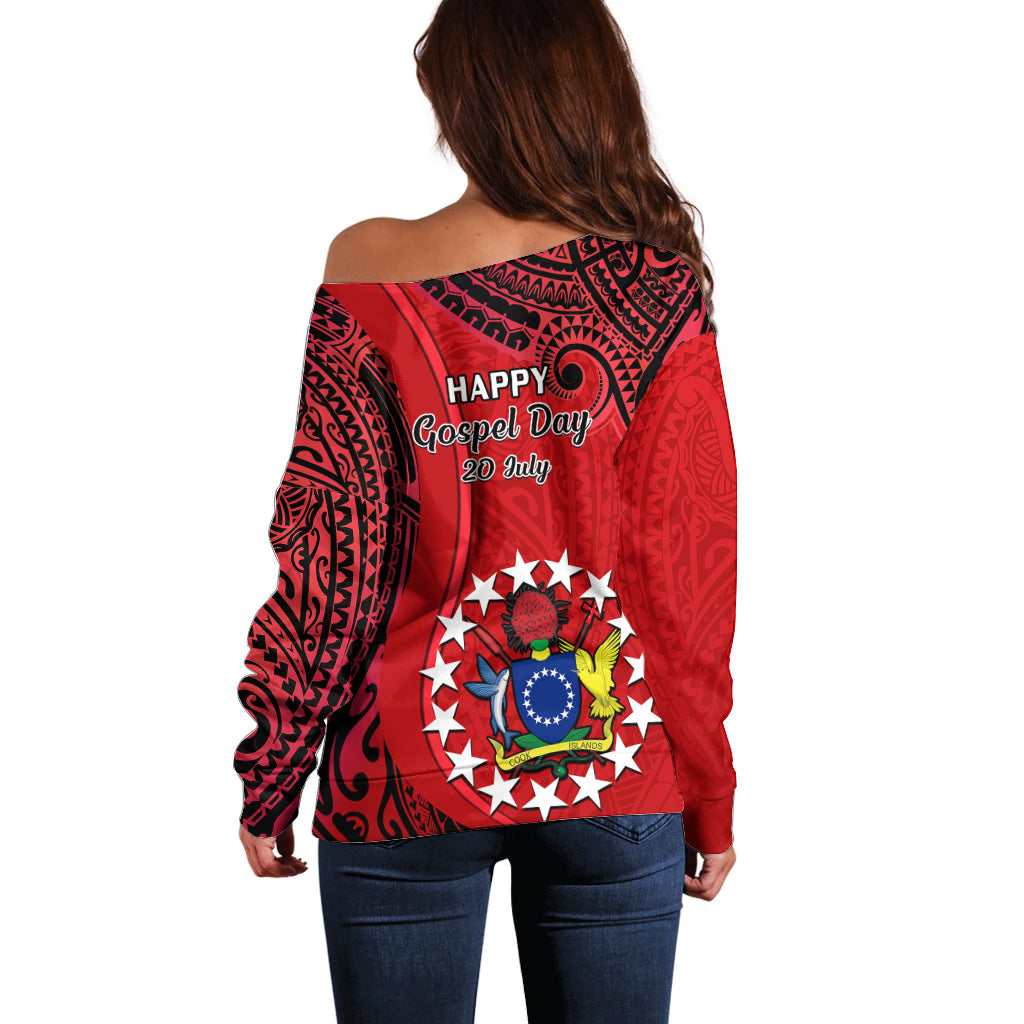 20 July Atiu Island Gospel Day Off Shoulder Sweater Cook Islands Tribal Pattern LT14 - Polynesian Pride