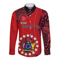 Personalised 20 July Atiu Island Gospel Day Long Sleeve Button Shirt Cook Islands Tribal Pattern LT14 Unisex Red - Polynesian Pride