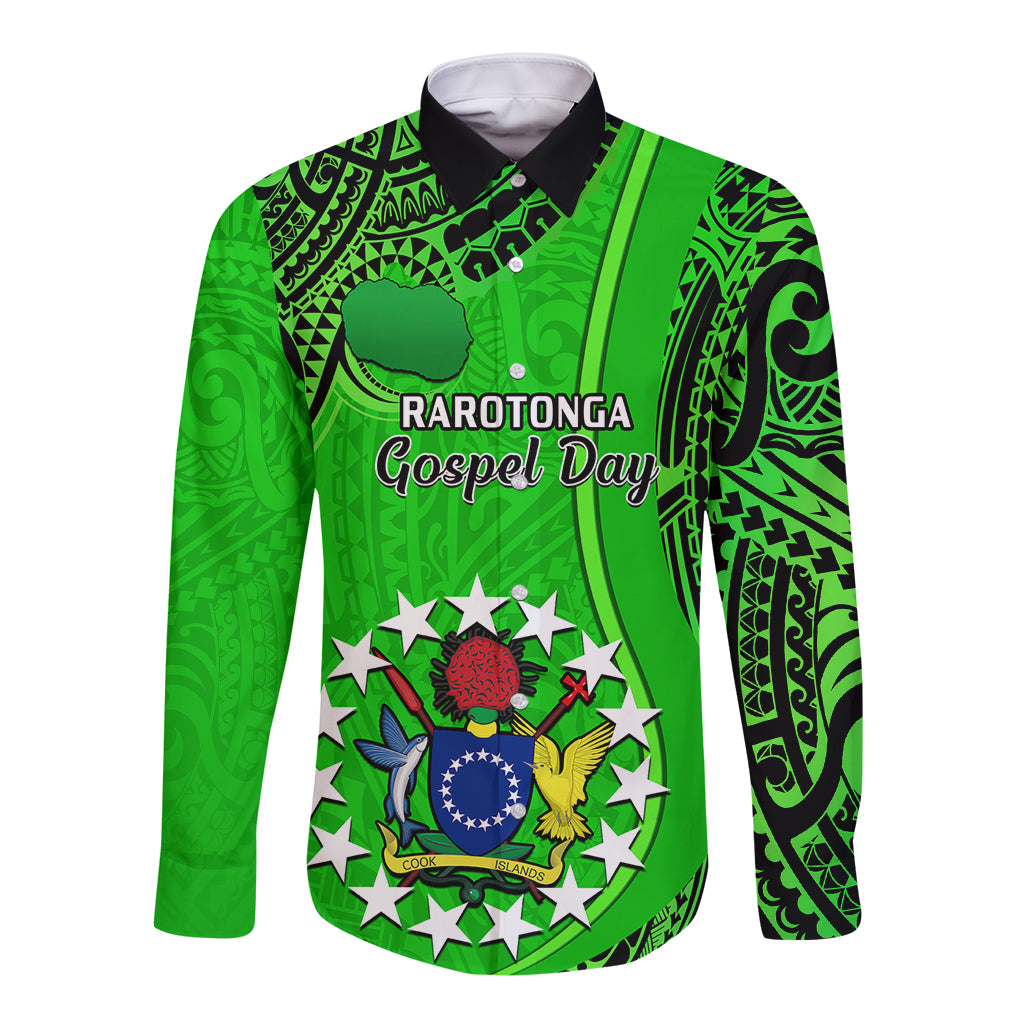 25 July Rarotonga Island Gospel Day Long Sleeve Button Shirt Cook Islands Tribal Pattern LT14 Unisex Green - Polynesian Pride