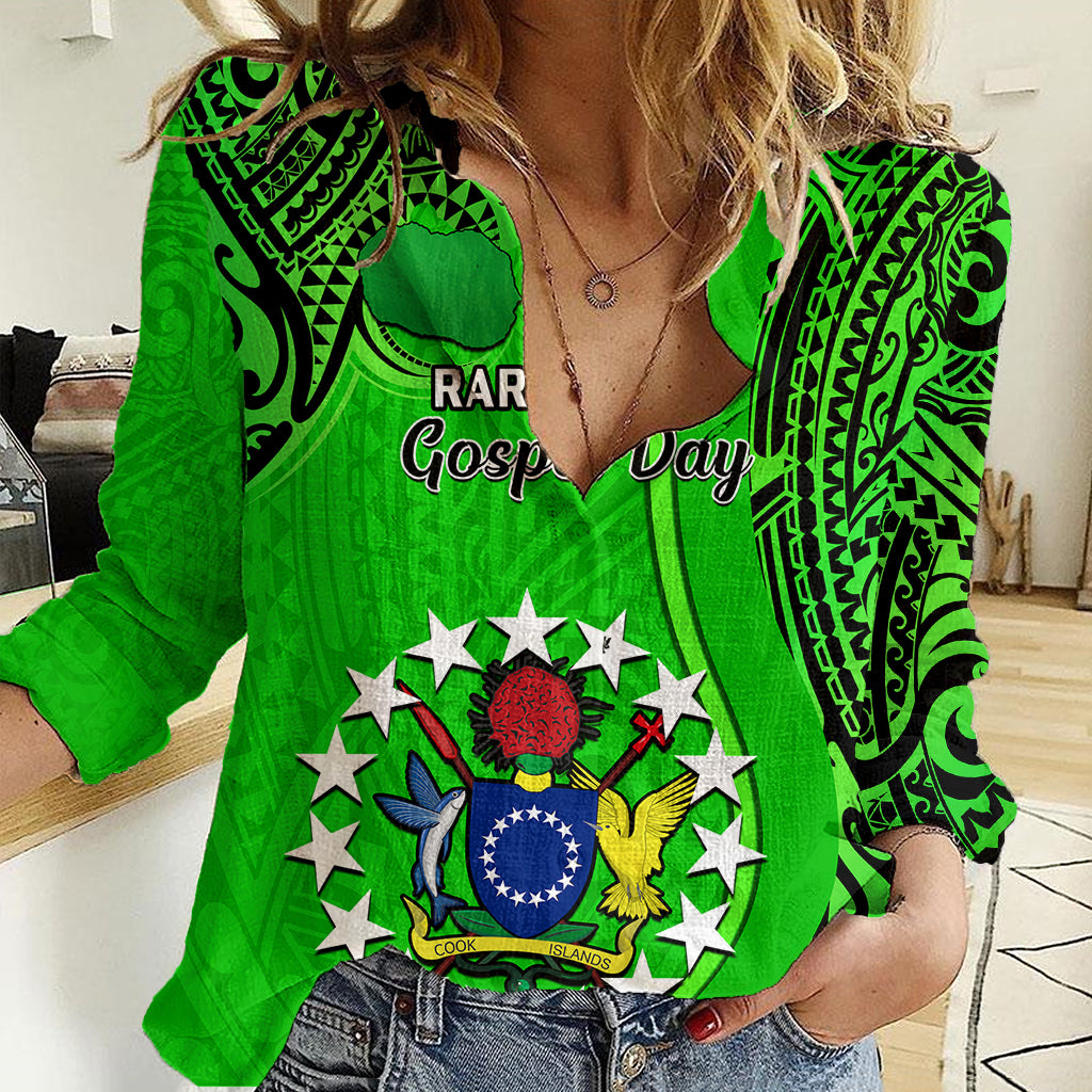 25 July Rarotonga Island Gospel Day Women Casual Shirt Cook Islands Tribal Pattern LT14 Female Green - Polynesian Pride