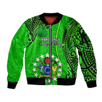 Personalised 25 July Rarotonga Island Gospel Day Sleeve Zip Bomber Jacket Cook Islands Tribal Pattern LT14 Unisex Green - Polynesian Pride
