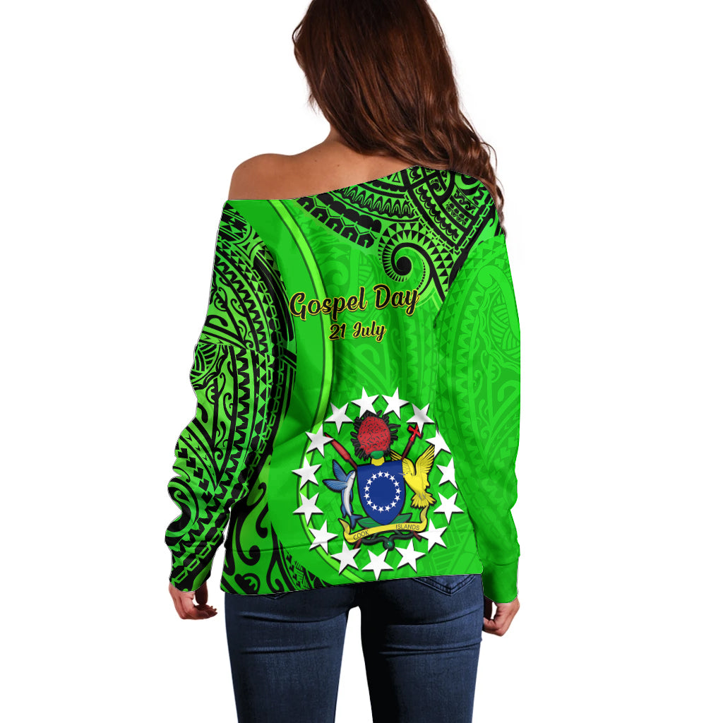 21 July Mitiaro Island Gospel Day Off Shoulder Sweater Cook Islands Tribal Pattern LT14 - Polynesian Pride