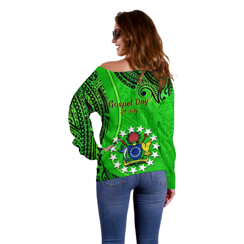 21 July Mitiaro Island Gospel Day Off Shoulder Sweater Cook Islands Tribal Pattern LT14 - Polynesian Pride