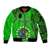 Personalised 21 July Mitiaro Island Gospel Day Sleeve Zip Bomber Jacket Cook Islands Tribal Pattern LT14 Unisex Green - Polynesian Pride