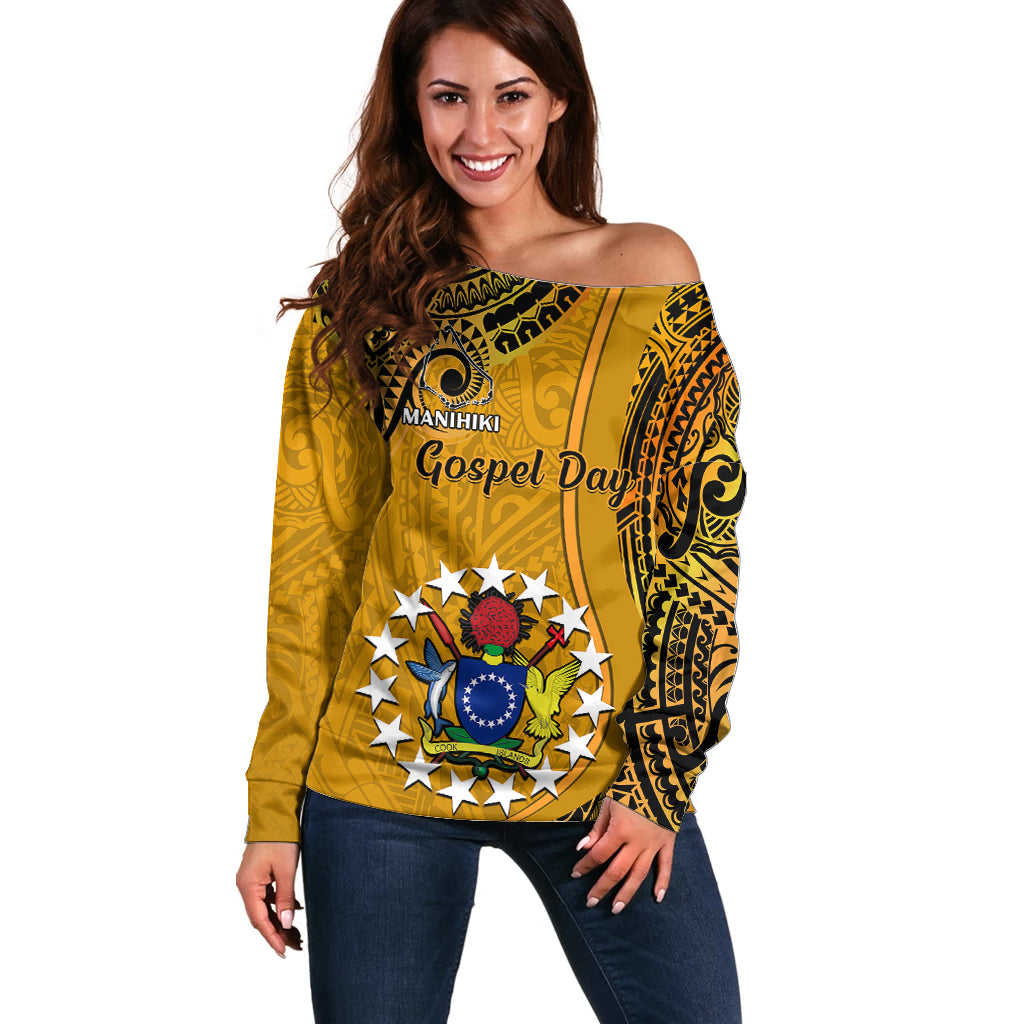 8 August Manihiki Island Gospel Day Off Shoulder Sweater Cook Islands Tribal Pattern LT14 Women Gold - Polynesian Pride