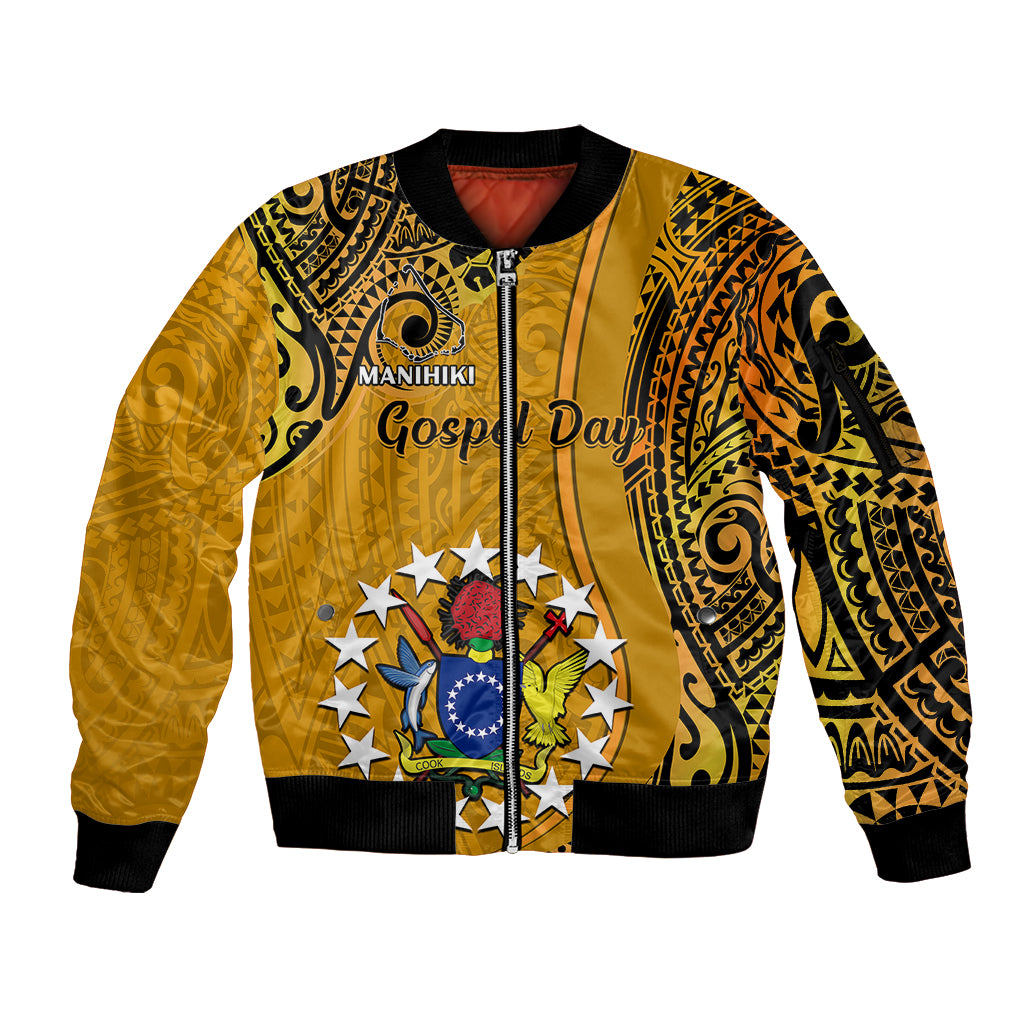 8 August Manihiki Island Gospel Day Sleeve Zip Bomber Jacket Cook Islands Tribal Pattern LT14 Unisex Gold - Polynesian Pride