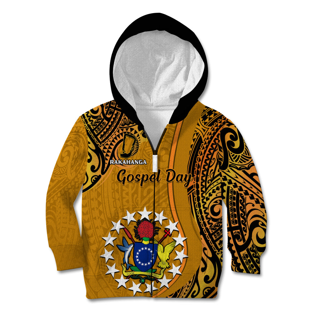 Personalised 15 August Rakahanga Island Gospel Day Kid Hoodie Cook Islands Tribal Pattern LT14 Zip Hoodie Orange - Polynesian Pride