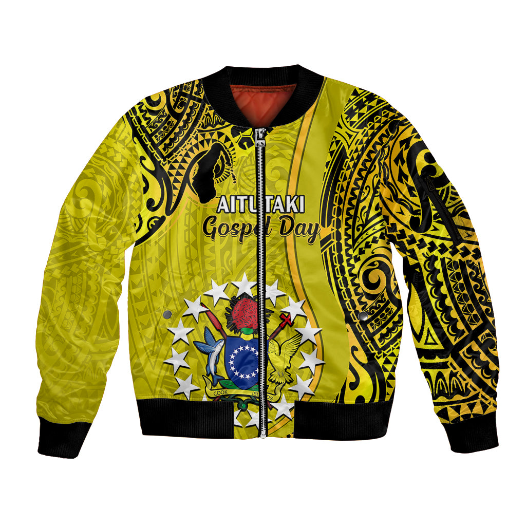 27 October Aitutaki Island Gospel Day Sleeve Zip Bomber Jacket Cook Islands Tribal Pattern LT14 Unisex Gold - Polynesian Pride