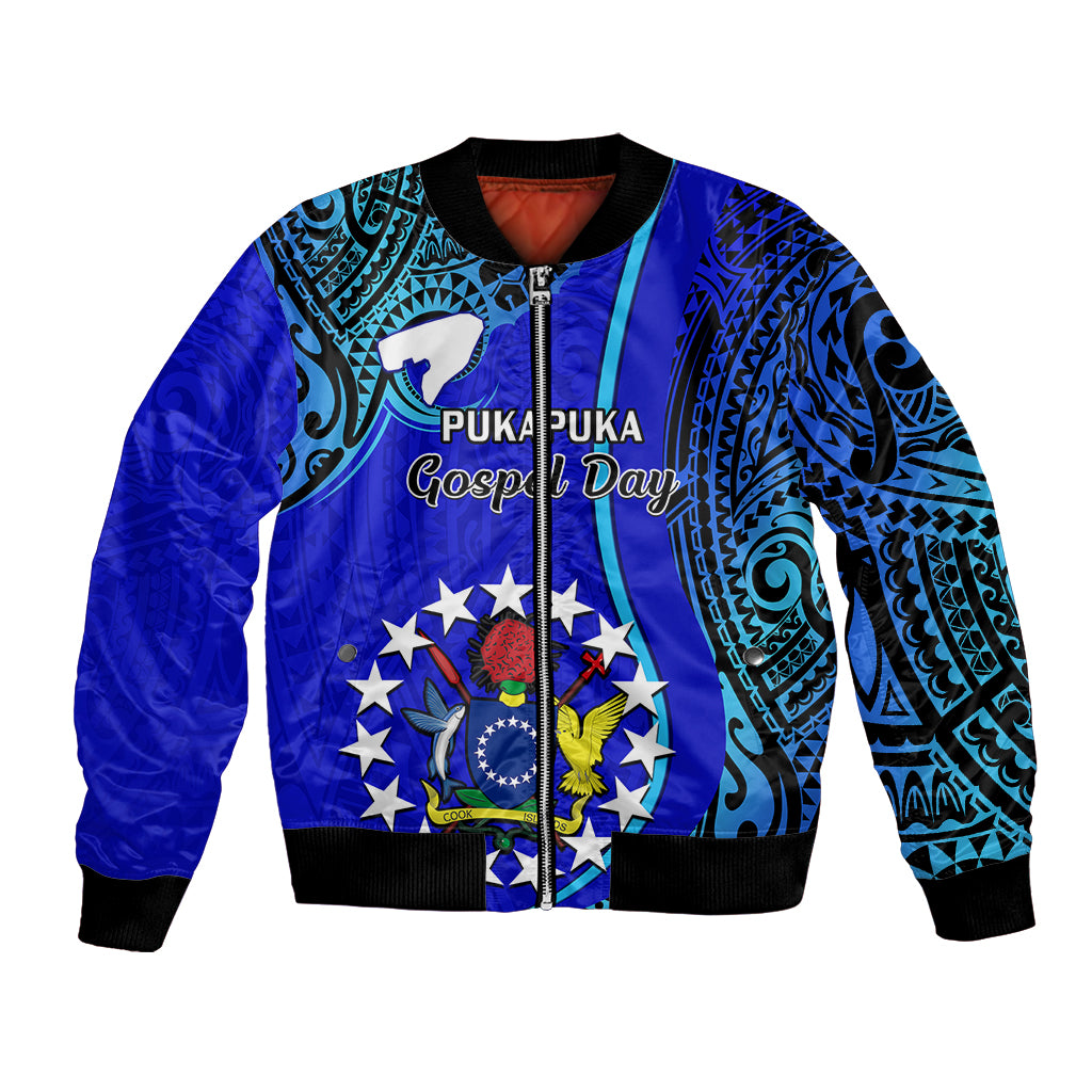 8 December Pukapuka Island Gospel Day Bomber Jacket Cook Islands Tribal Pattern LT14 Unisex Blue - Polynesian Pride