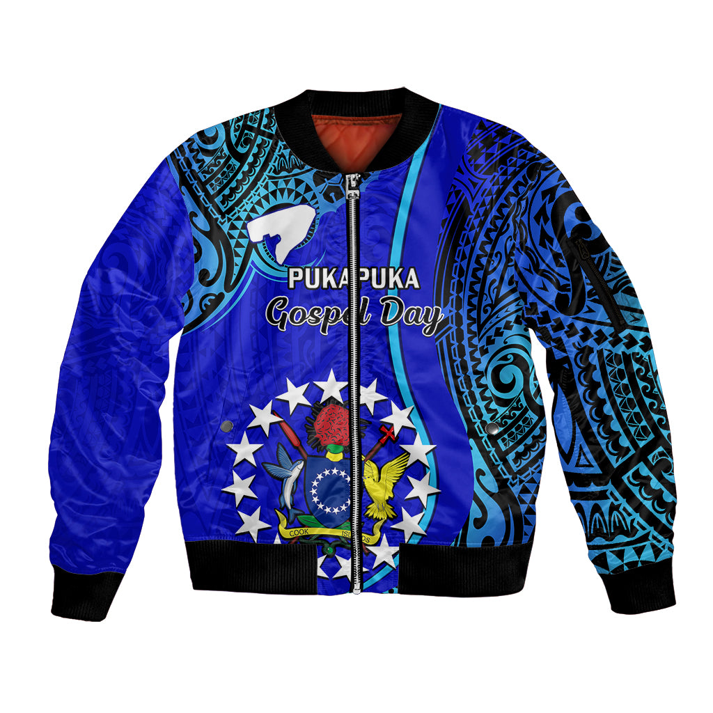 Personalised 8 December Pukapuka Island Gospel Day Sleeve Zip Bomber Jacket Cook Islands Tribal Pattern LT14 Unisex Blue - Polynesian Pride