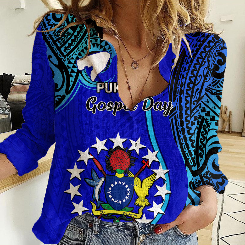 Personalised 8 December Pukapuka Island Gospel Day Women Casual Shirt Cook Islands Tribal Pattern LT14 Female Blue - Polynesian Pride