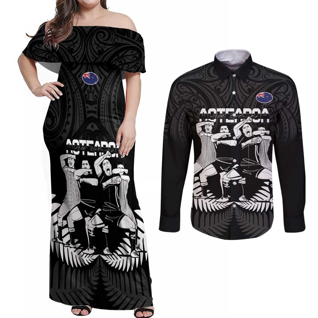 New Zealand Silver Fern Rugby Couples Matching Off Shoulder Maxi Dress and Long Sleeve Button Shirt Haka Dance With Aotearoa Maori Pattern