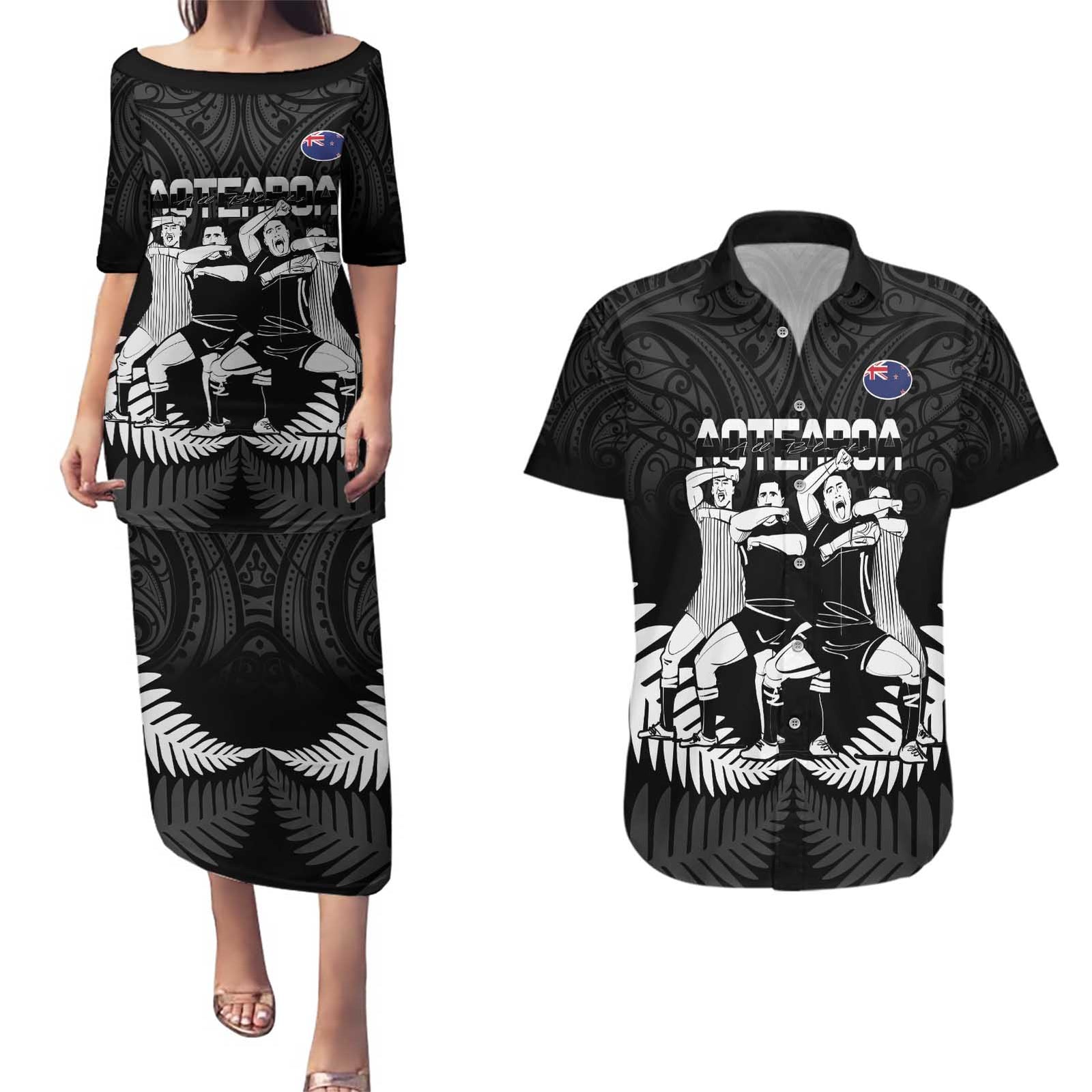New Zealand Silver Fern Rugby Couples Matching Puletasi and Hawaiian Shirt Haka Dance With Aotearoa Maori Pattern
