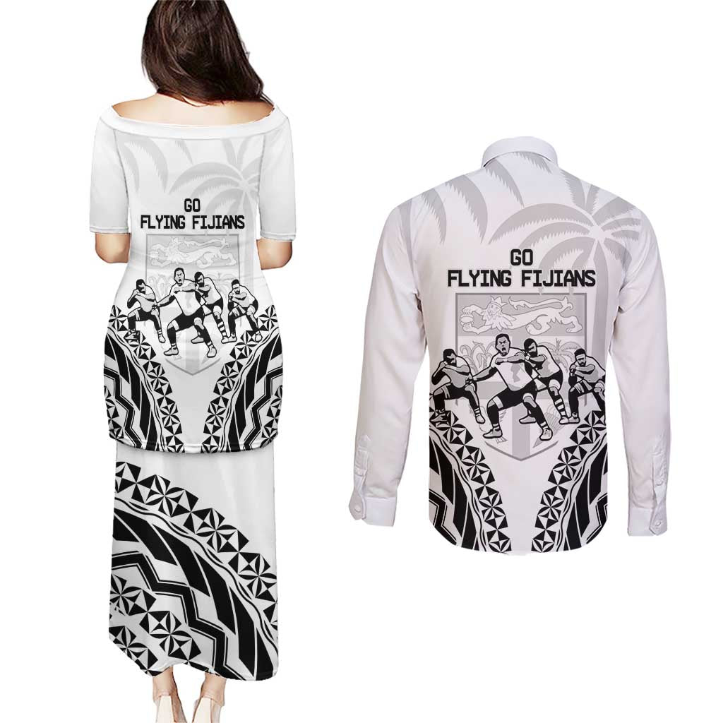 Fiji Tapa Rugby Couples Matching Puletasi and Long Sleeve Button Shirt Cibi Dance With Fijian Pattern