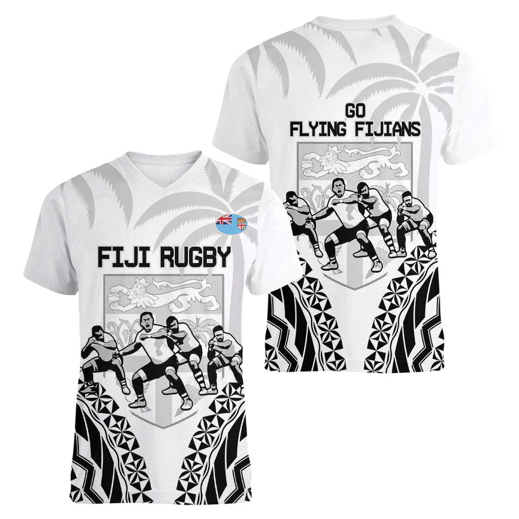 Fiji Tapa Rugby Women V-Neck T-Shirt Cibi Dance With Fijian Pattern