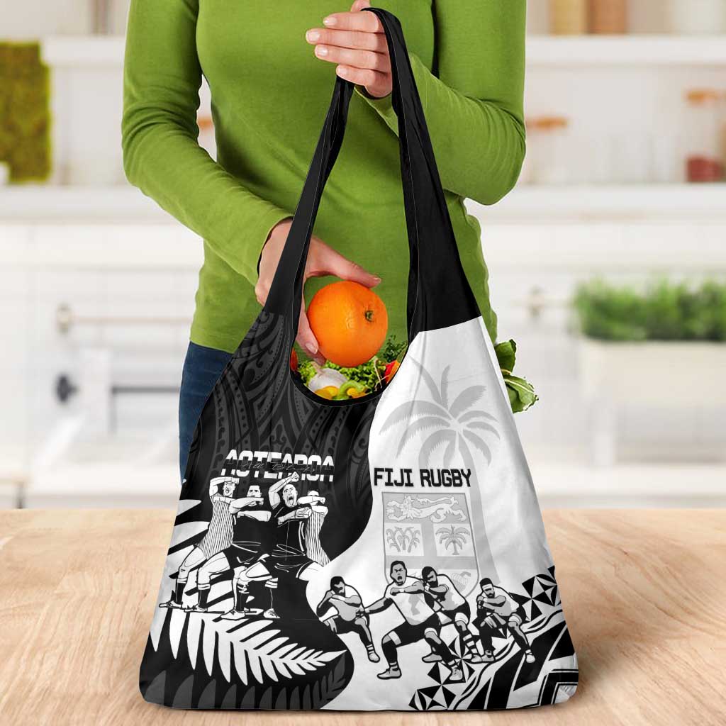 New Zealand And Fiji Tapa Rugby Grocery Bag Haka Dance Mix Cibi Dance Together