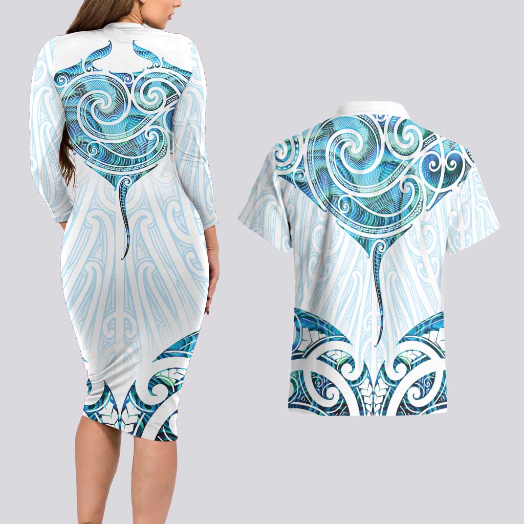 New Zealand Manta Ray Tattoo Couples Matching Long Sleeve Bodycon Dress and Hawaiian Shirt Aotearoa Maori Haehae Paua Shell - Polynesian Pride
