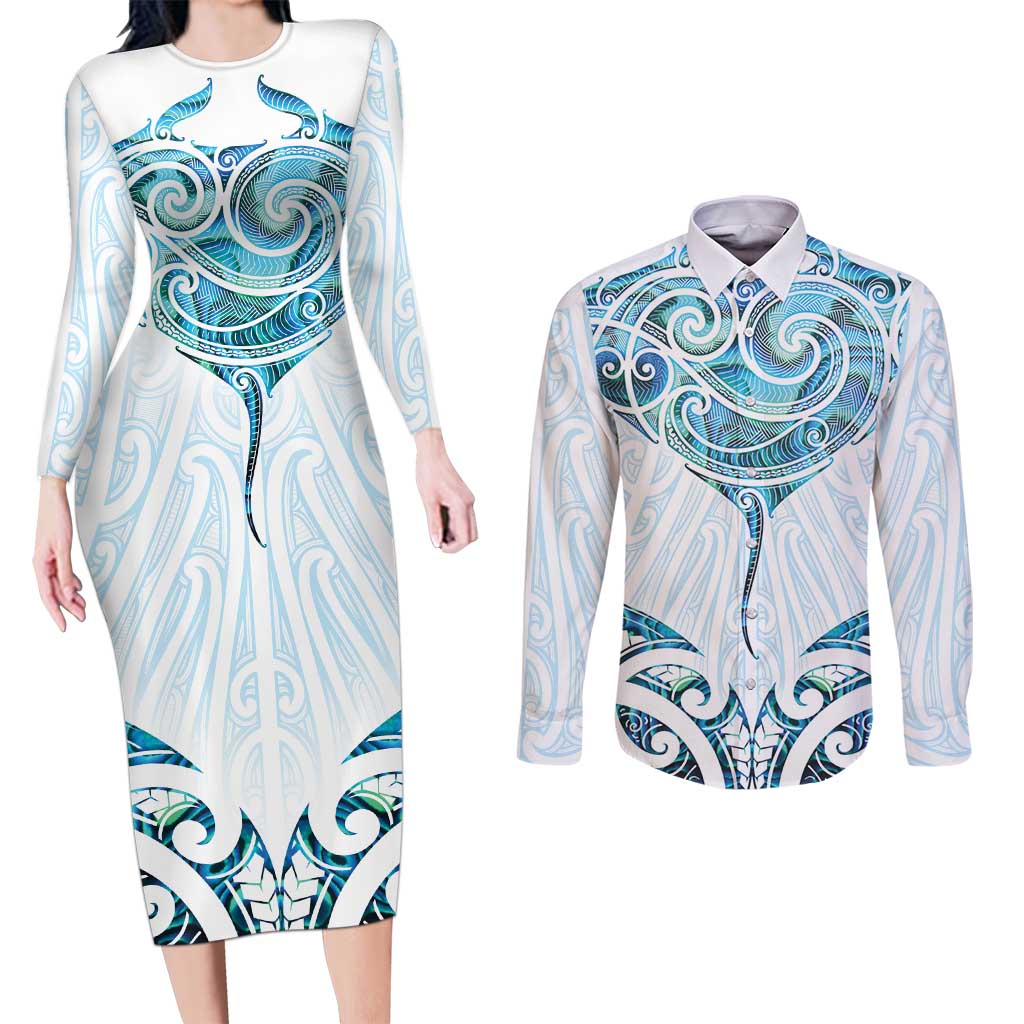 New Zealand Manta Ray Tattoo Couples Matching Long Sleeve Bodycon Dress and Long Sleeve Button Shirt Aotearoa Maori Haehae Paua Shell - Polynesian Pride