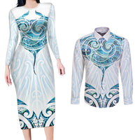 New Zealand Manta Ray Tattoo Couples Matching Long Sleeve Bodycon Dress and Long Sleeve Button Shirt Aotearoa Maori Haehae Paua Shell - Polynesian Pride