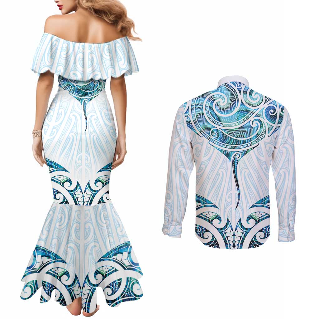 New Zealand Manta Ray Tattoo Couples Matching Mermaid Dress and Long Sleeve Button Shirt Aotearoa Maori Haehae Paua Shell - Polynesian Pride