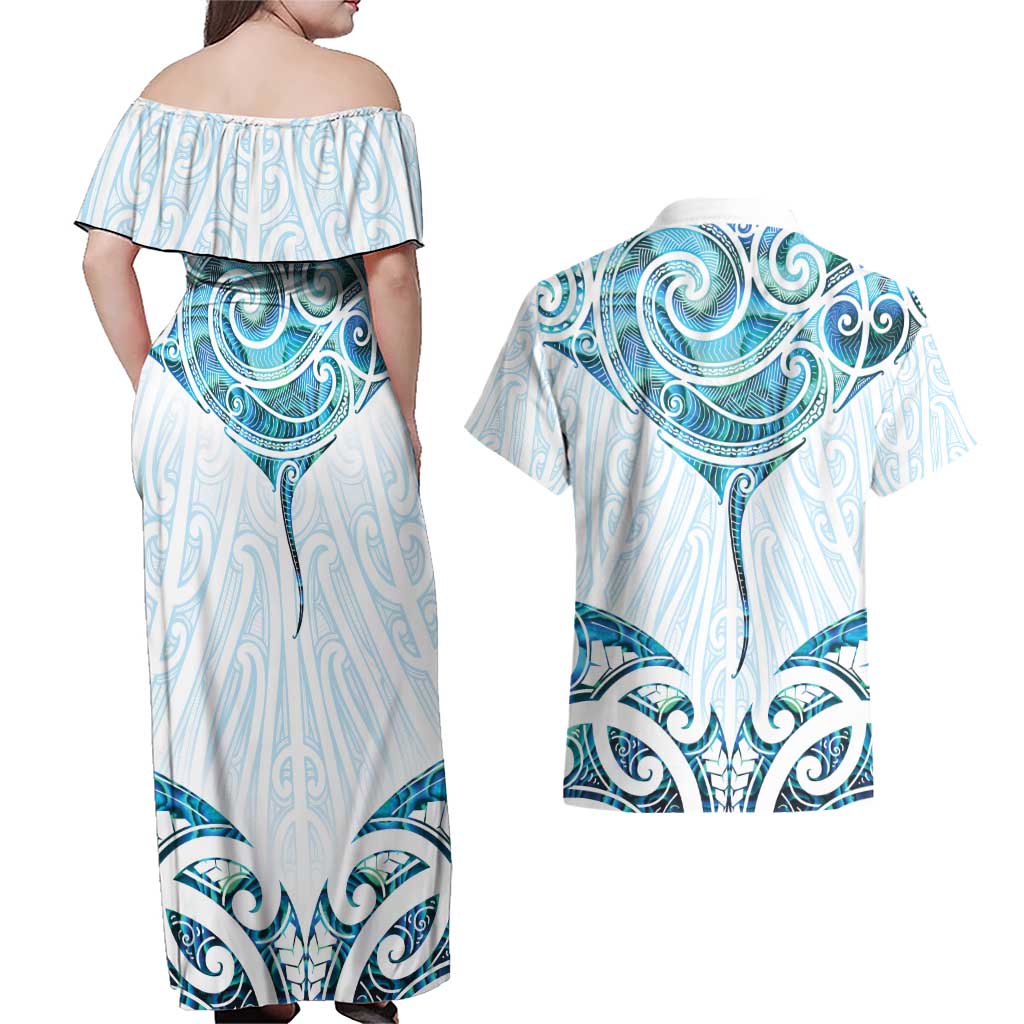 New Zealand Manta Ray Tattoo Couples Matching Off Shoulder Maxi Dress and Hawaiian Shirt Aotearoa Maori Haehae Paua Shell - Polynesian Pride