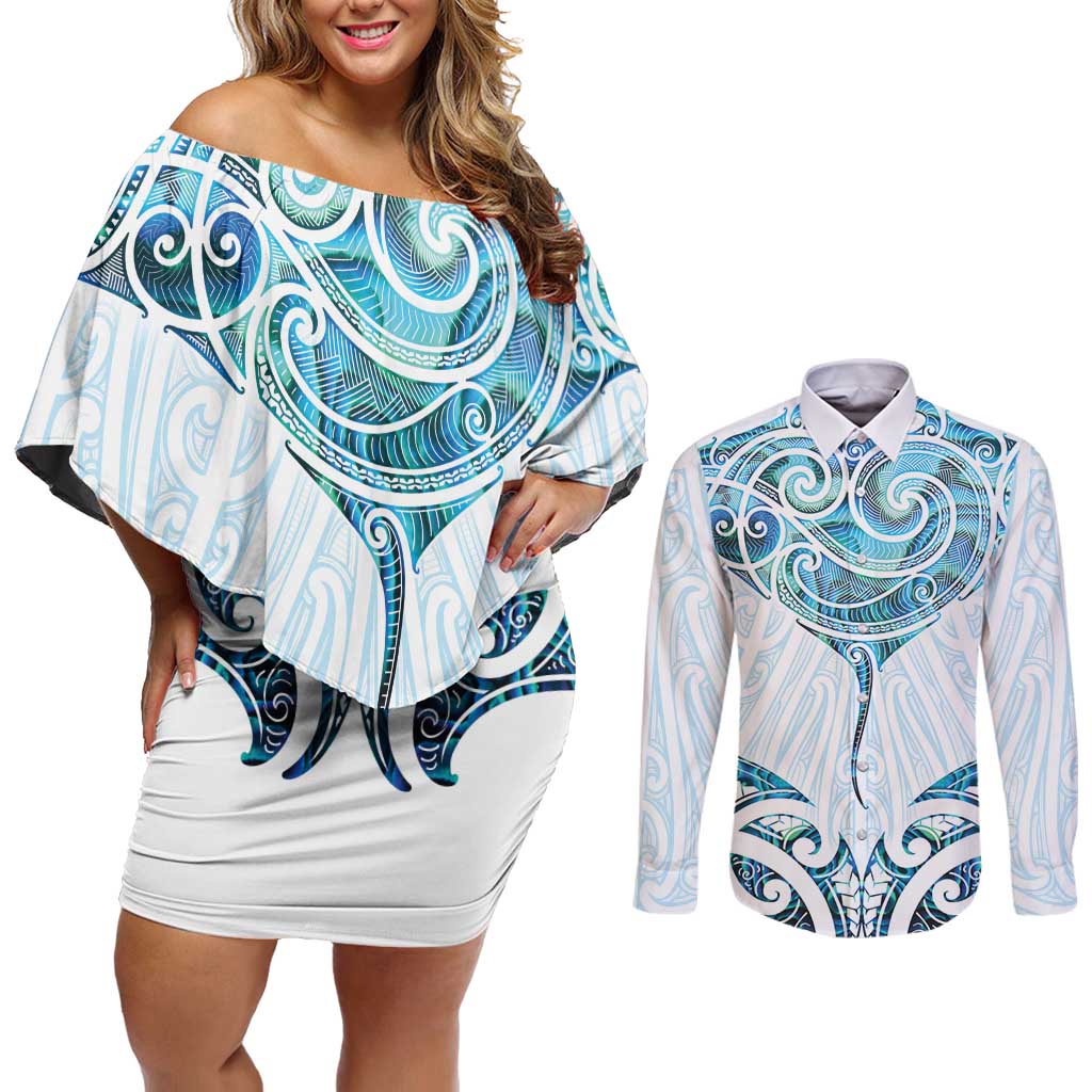 New Zealand Manta Ray Tattoo Couples Matching Off Shoulder Short Dress and Long Sleeve Button Shirt Aotearoa Maori Haehae Paua Shell - Polynesian Pride