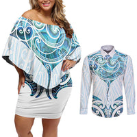 New Zealand Manta Ray Tattoo Couples Matching Off Shoulder Short Dress and Long Sleeve Button Shirt Aotearoa Maori Haehae Paua Shell - Polynesian Pride
