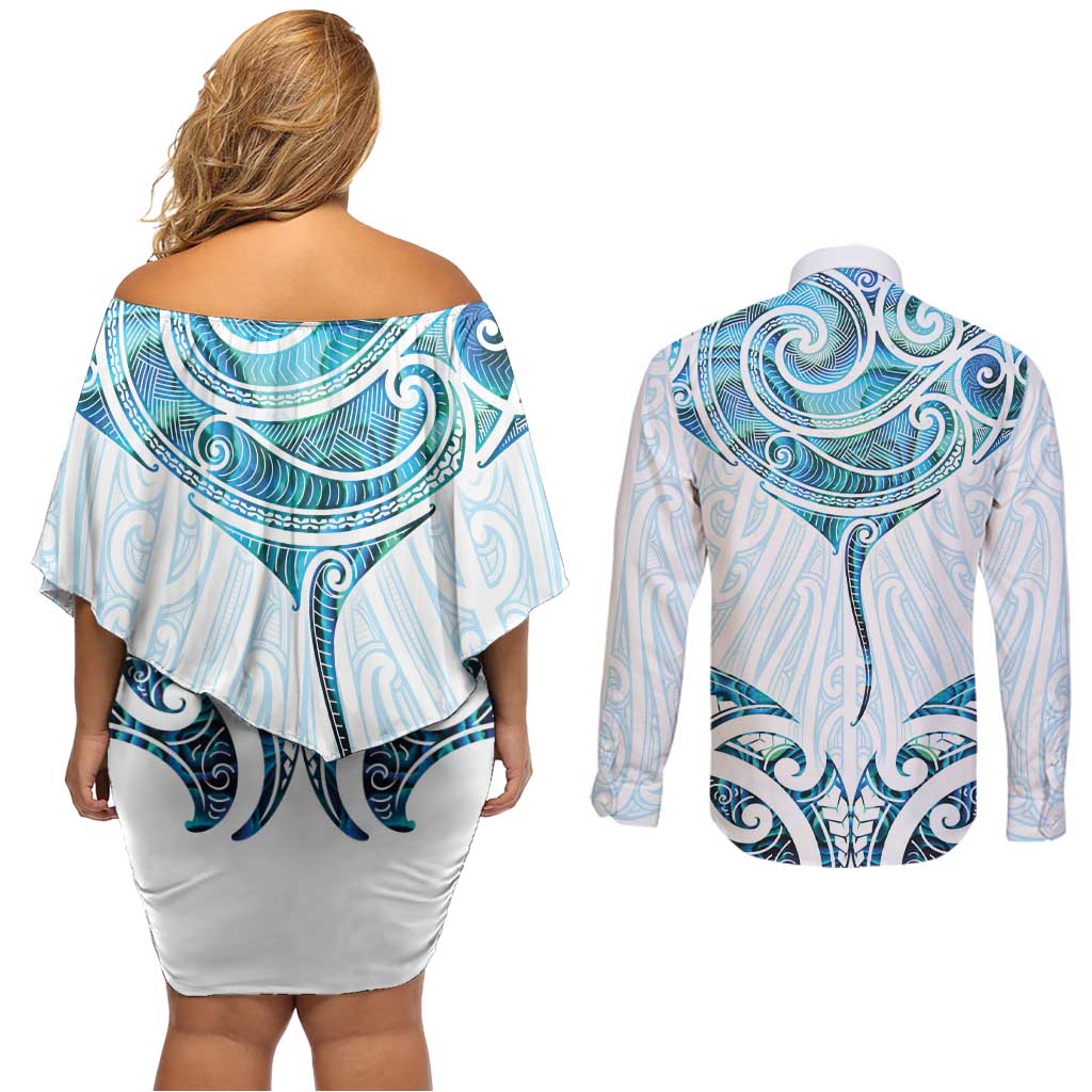 New Zealand Manta Ray Tattoo Couples Matching Off Shoulder Short Dress and Long Sleeve Button Shirt Aotearoa Maori Haehae Paua Shell - Polynesian Pride