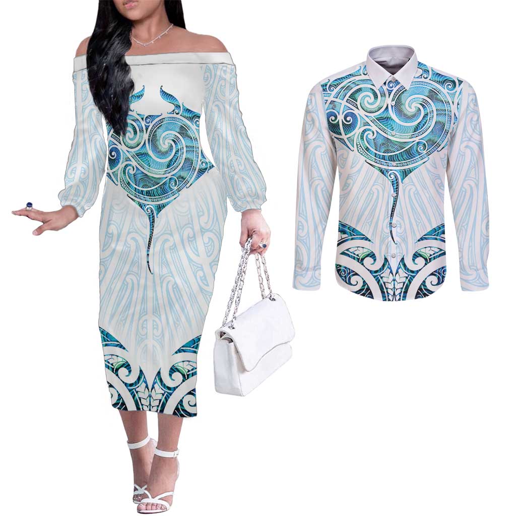 New Zealand Manta Ray Tattoo Couples Matching Off The Shoulder Long Sleeve Dress and Long Sleeve Button Shirt Aotearoa Maori Haehae Paua Shell - Polynesian Pride