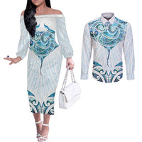 New Zealand Manta Ray Tattoo Couples Matching Off The Shoulder Long Sleeve Dress and Long Sleeve Button Shirt Aotearoa Maori Haehae Paua Shell - Polynesian Pride