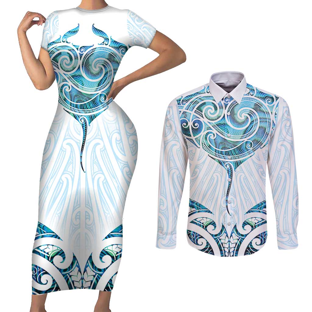 New Zealand Manta Ray Tattoo Couples Matching Short Sleeve Bodycon Dress and Long Sleeve Button Shirt Aotearoa Maori Haehae Paua Shell - Polynesian Pride