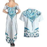 New Zealand Manta Ray Tattoo Couples Matching Summer Maxi Dress and Hawaiian Shirt Aotearoa Maori Haehae Paua Shell - Polynesian Pride