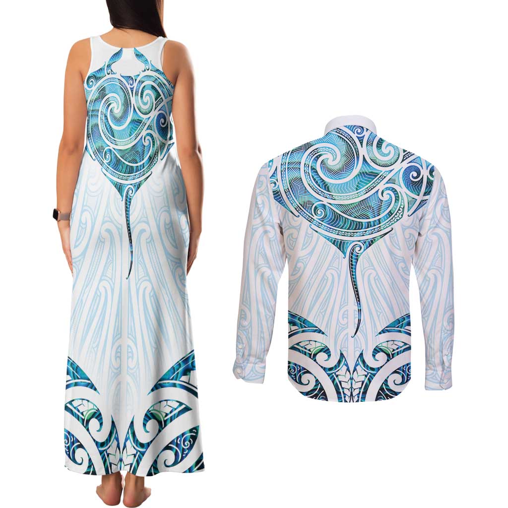 New Zealand Manta Ray Tattoo Couples Matching Tank Maxi Dress and Long Sleeve Button Shirt Aotearoa Maori Haehae Paua Shell - Polynesian Pride