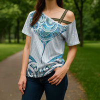 New Zealand Manta Ray Tattoo Cross Shoulder Shirt Aotearoa Maori Haehae Paua Shell - Polynesian Pride