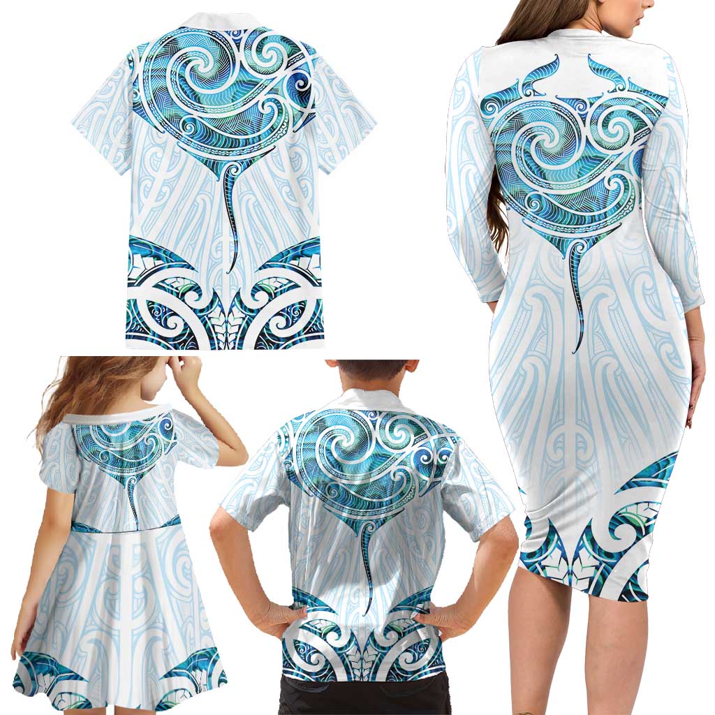 New Zealand Manta Ray Tattoo Family Matching Long Sleeve Bodycon Dress and Hawaiian Shirt Aotearoa Maori Haehae Paua Shell - Polynesian Pride