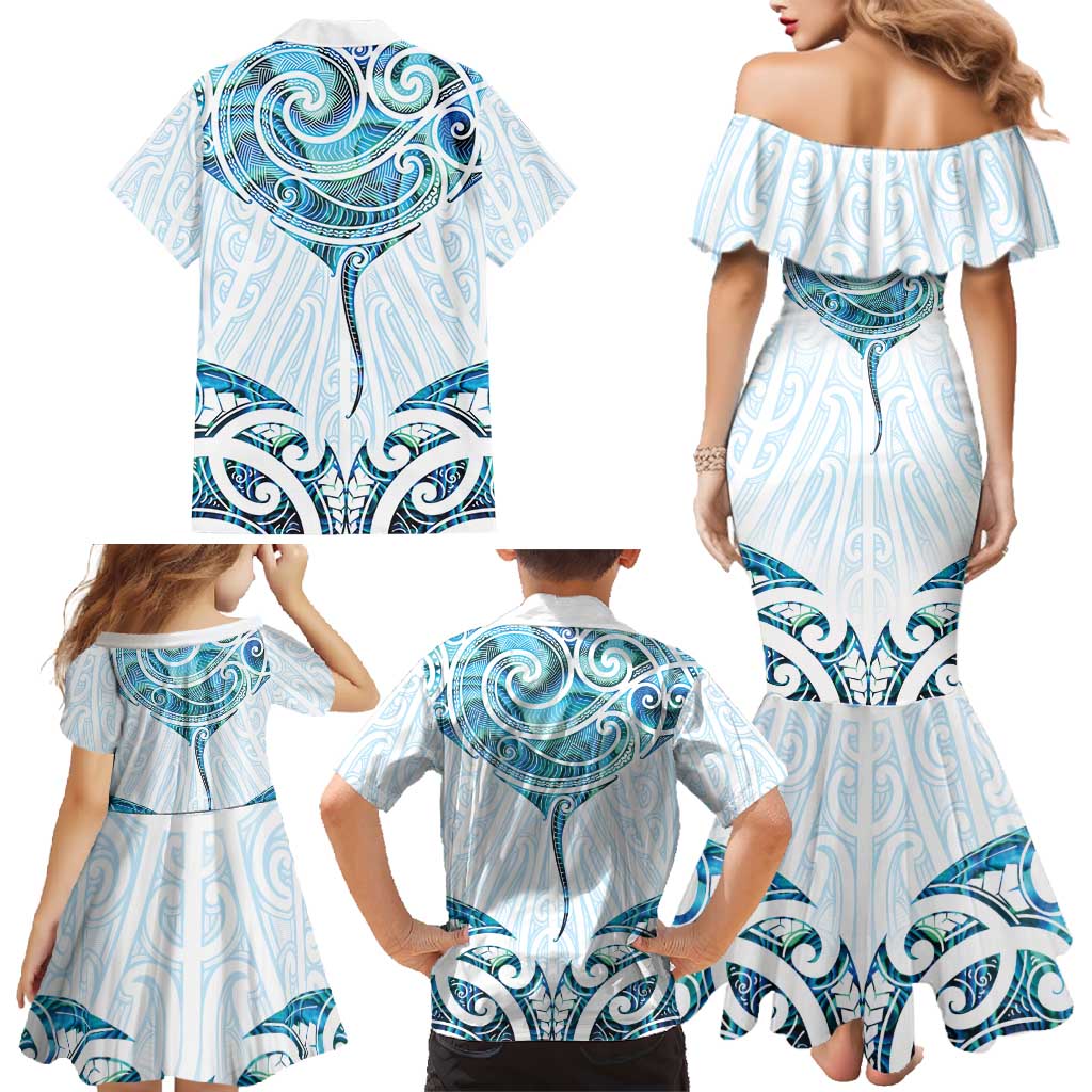 New Zealand Manta Ray Tattoo Family Matching Mermaid Dress and Hawaiian Shirt Aotearoa Maori Haehae Paua Shell - Polynesian Pride