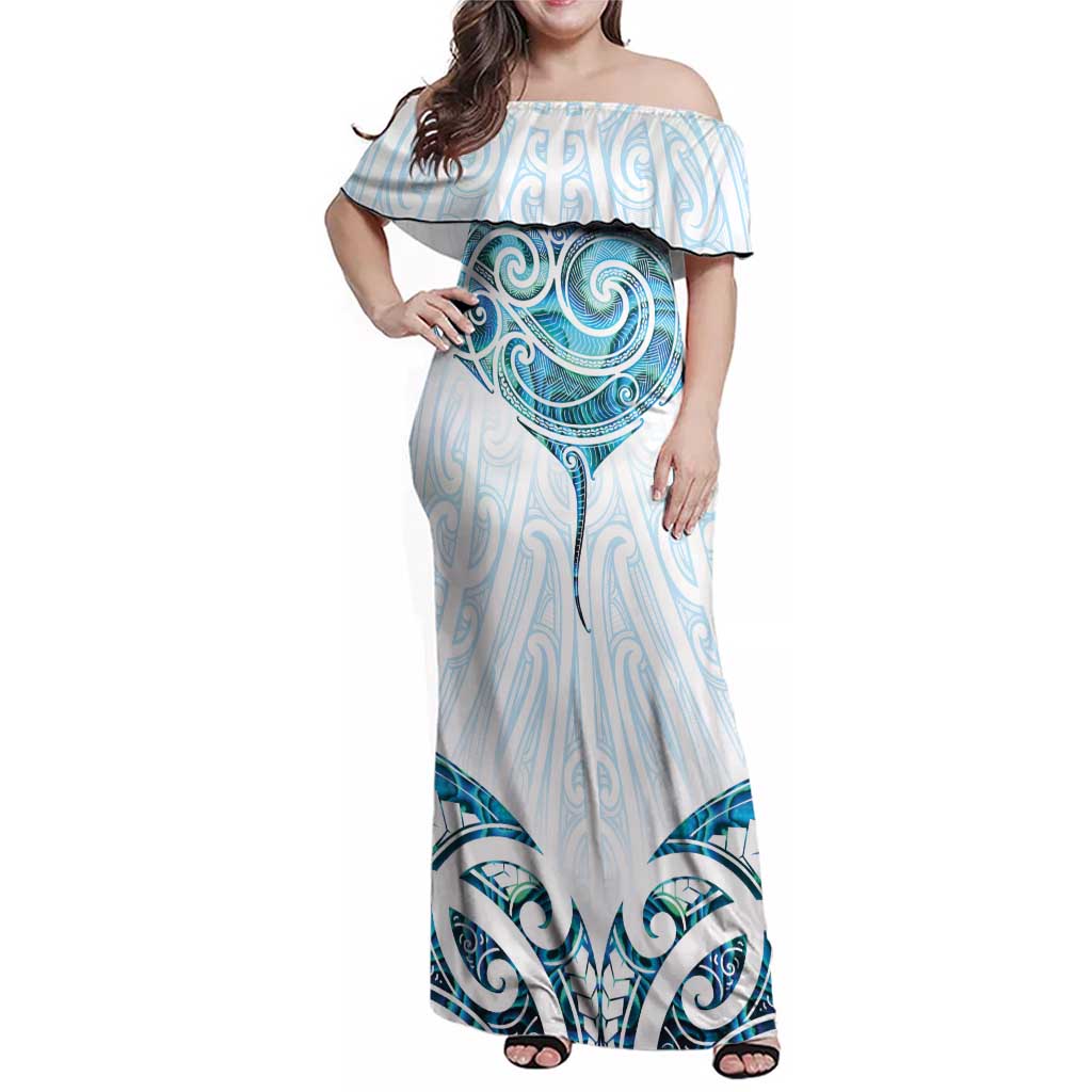 New Zealand Manta Ray Tattoo Family Matching Off Shoulder Maxi Dress and Hawaiian Shirt Aotearoa Maori Haehae Paua Shell - Polynesian Pride